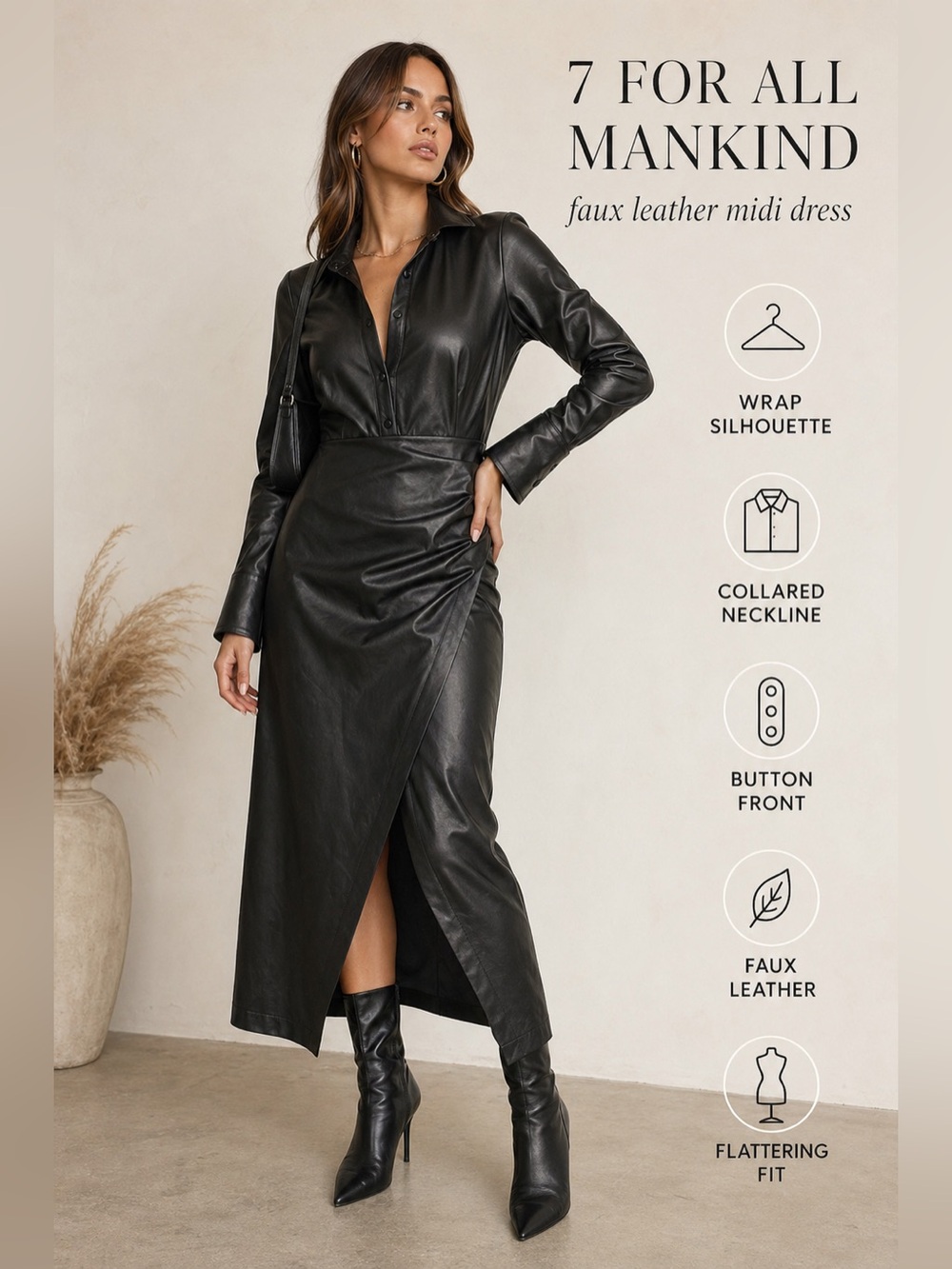 7 For All Mankind Faux Leather Midi Dress Small Black Wrap Collared Edgy Chic